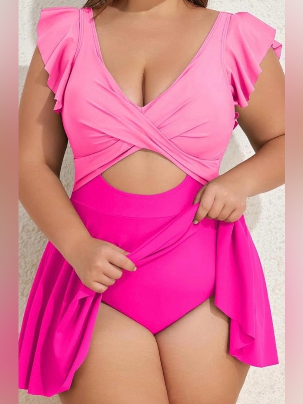Women’s Pink Swim Dress One Piece Swimsuit Ruffle Shoulder Cutout Plus Size 20W